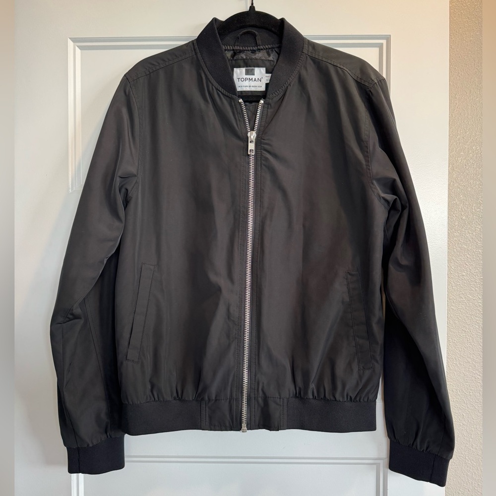 Topman Men’s Medium Black Bomber Jacket Coat Zipper Pockets